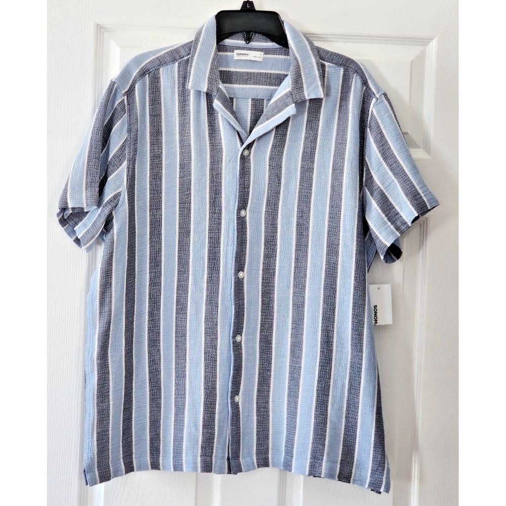 Mens Sonoma Goods For Life S/S Blue & Gray Stripe Button Down Shirt in Size LG